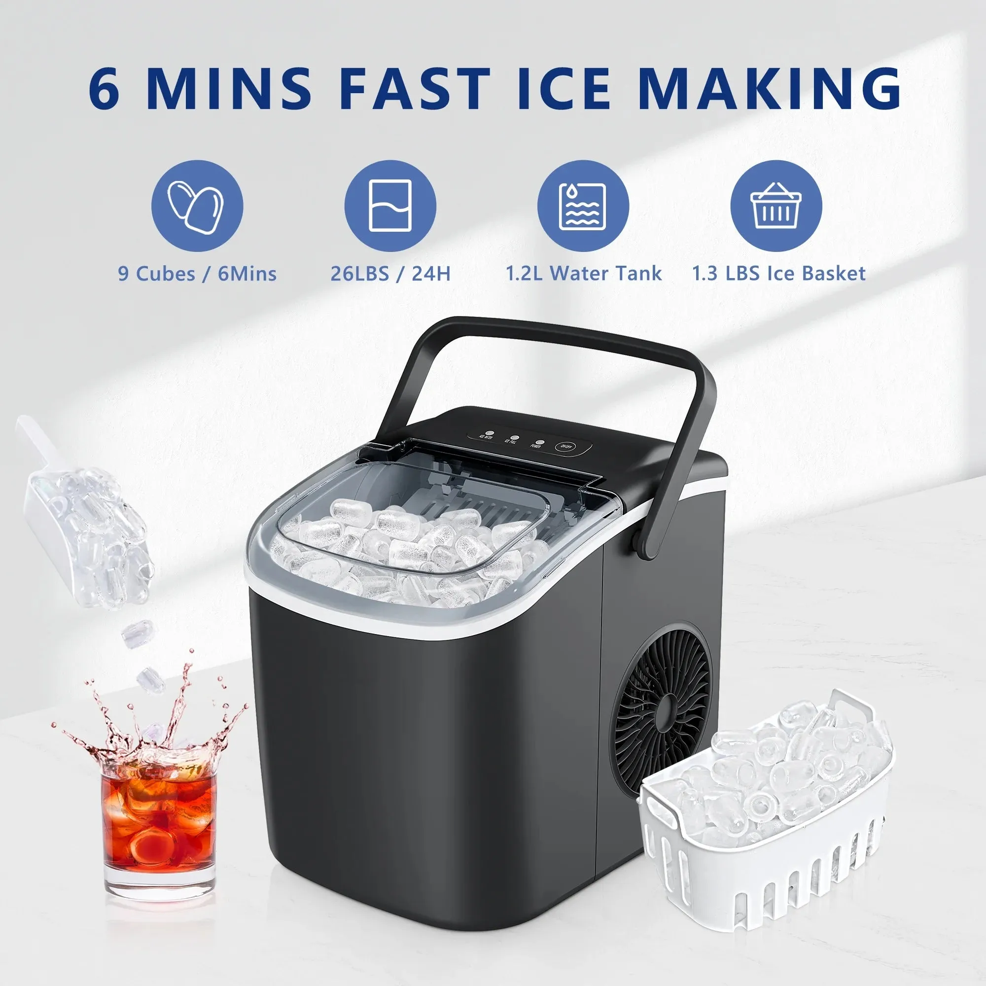 Simzlife 26 lbs/24H Countertop Ice Maker Machine, 9 Bullet-Shaped Ice in 6 Min, Auto-Cleaning